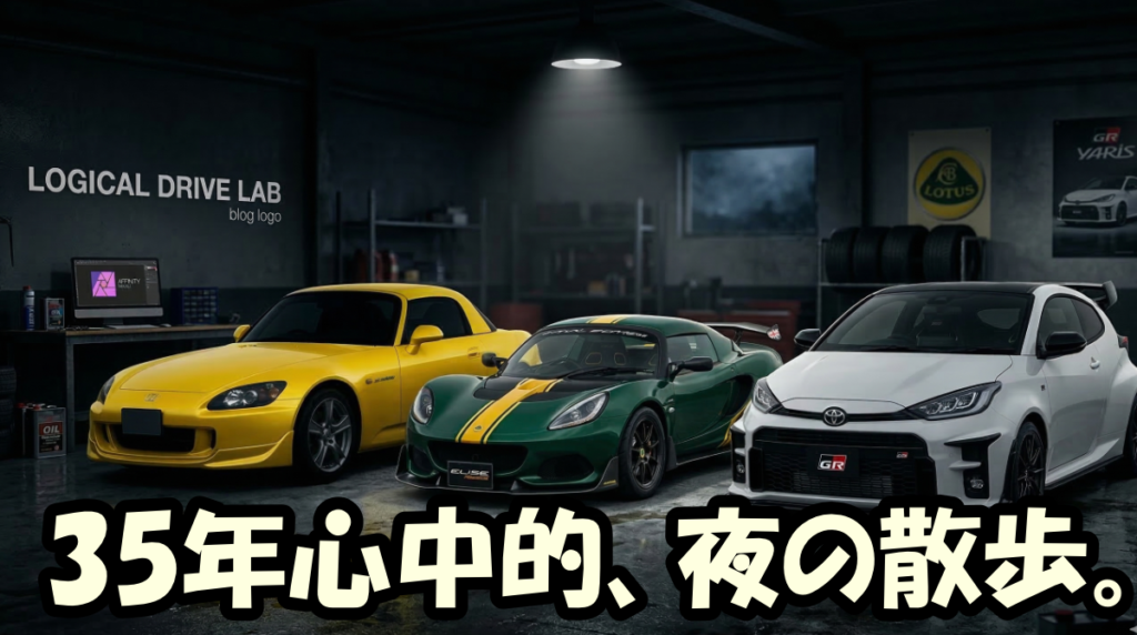 名古屋の夜景を背景に、ヘッドライトを点灯させて佇む黄色いS2000 AP1