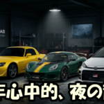 名古屋の夜景を背景に、ヘッドライトを点灯させて佇む黄色いS2000 AP1