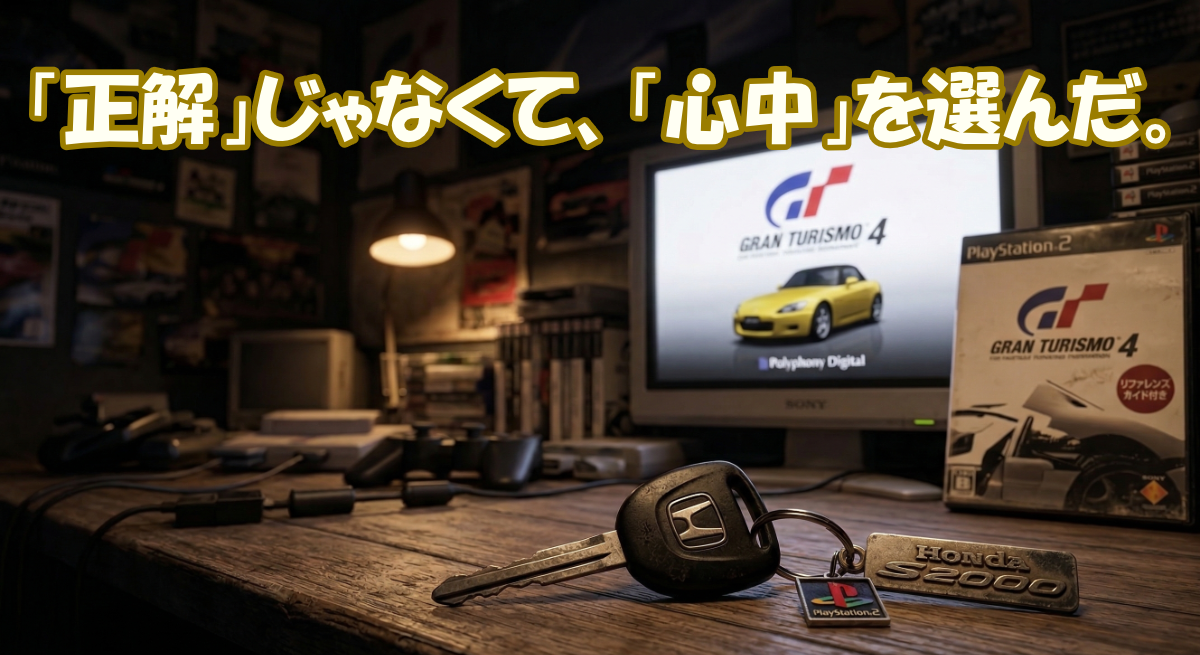 暗い部屋のデスクで、グランツーリスモ4のリファレンスガイド（教本）と、その上に置かれたホンダS2000の実車の鍵、奥のモニターにはGT4の画面。